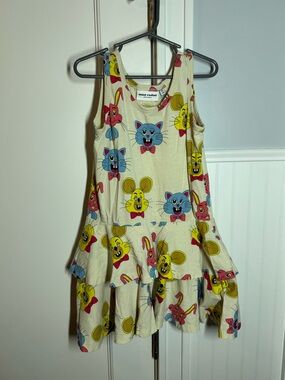 Mini Rodini Tiered Tank Dress Kids 5-6 Cream Good Cat Mouse Organic Cotton